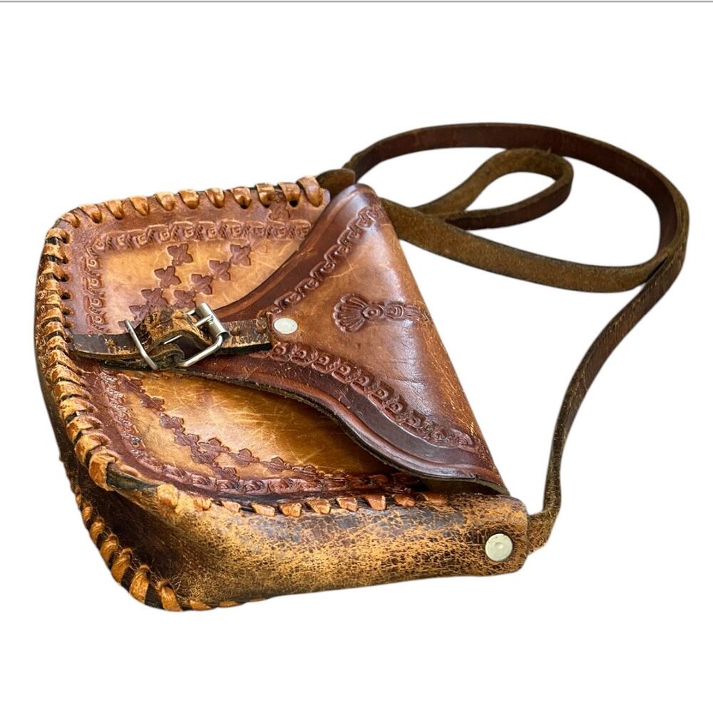 Vintage brown Tooled Leather Crossbody Bag boho retro western purse handcrafted - Picture 4 of 7